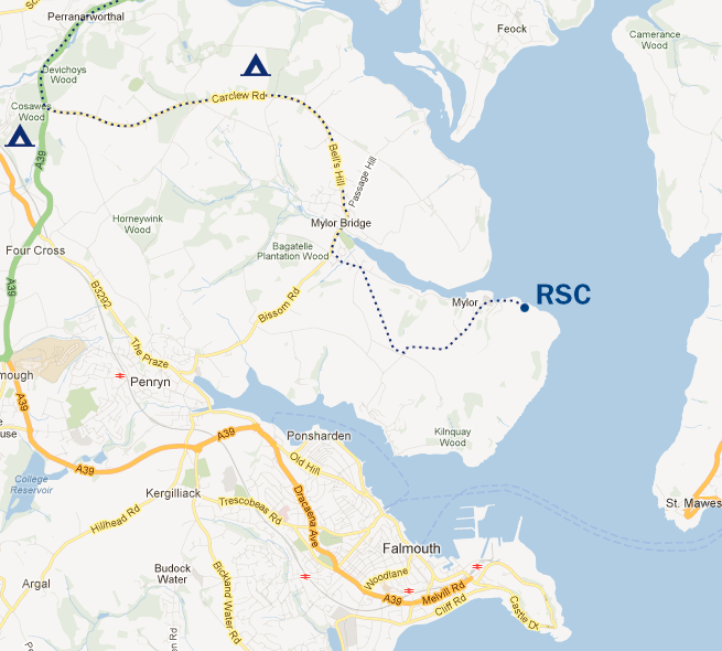 Map showing roads near Mylor